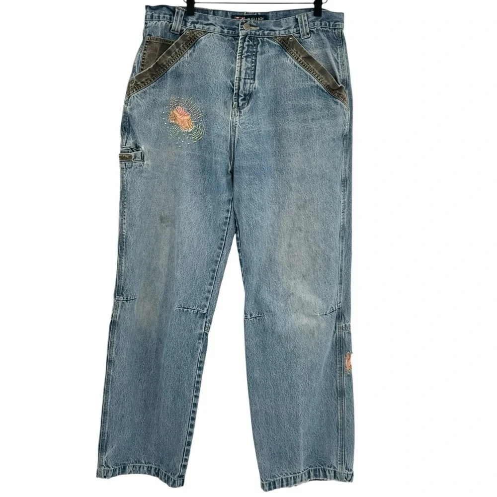 Vintage Bugle Boy Jeans Baggy Loose Fit Distressed Patched Blue Black Denim | 34
